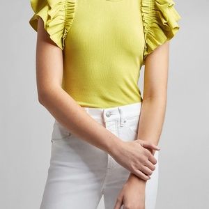 Express Ribbed Ruffle Sleeve Tee In Lime Green - Medium